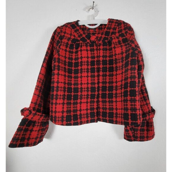 Vintage Oleg Cassini Women Red Black Plaid Wool Blend Tweed Jacket Small Holiday